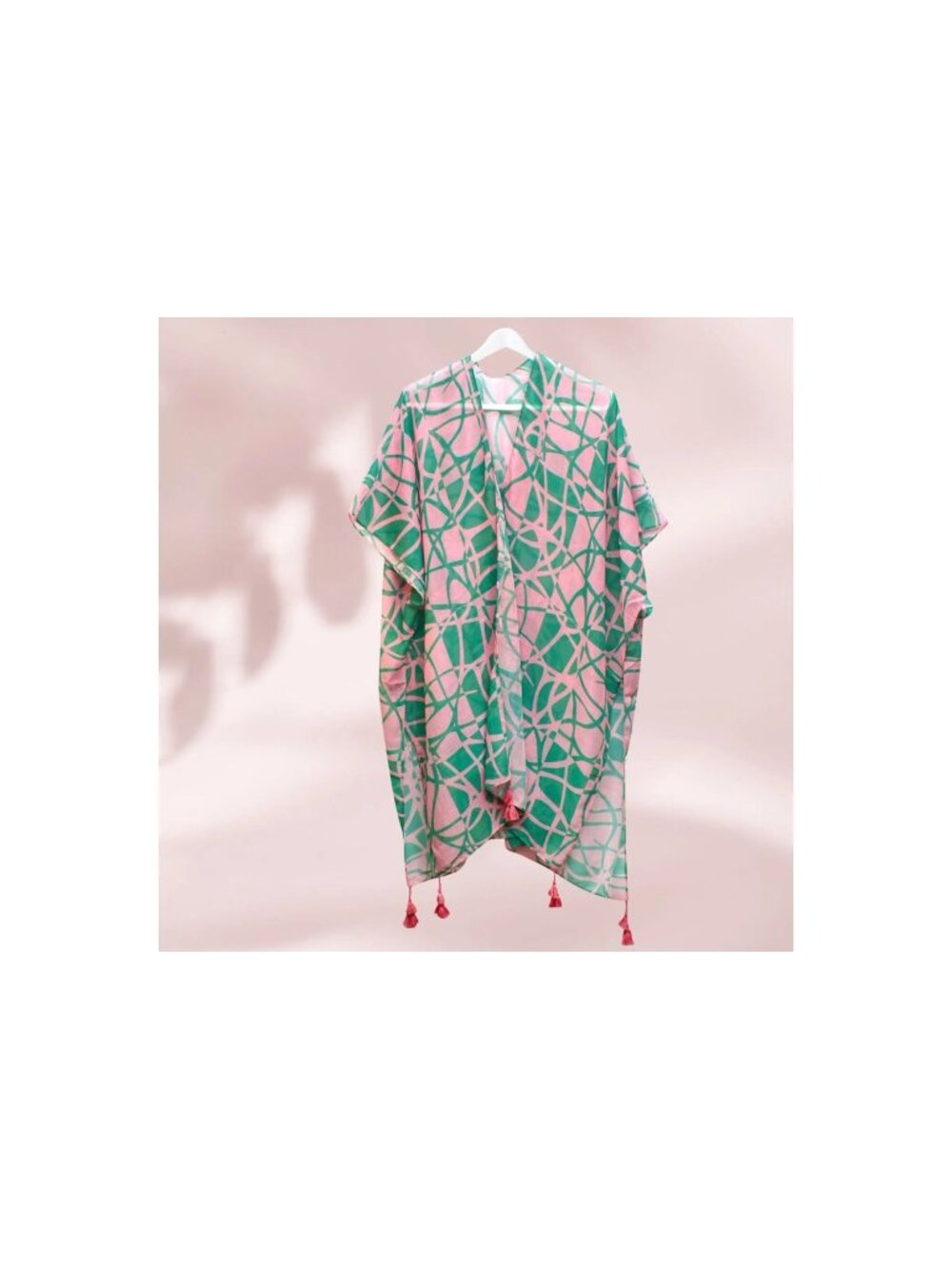 Pink & Green Geometric Print Kimono Tassel Accents Beach Cover Up Cruise New